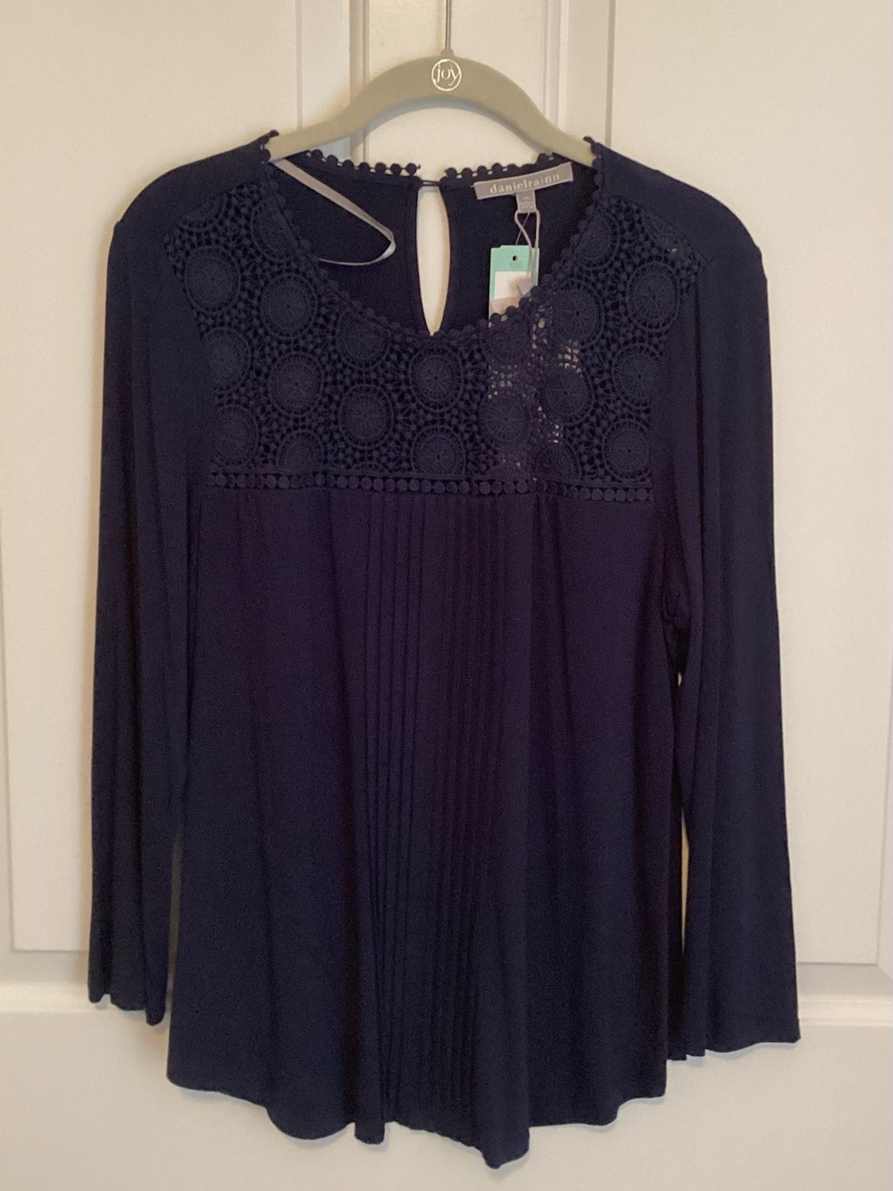 Daniel Rainn Navy Crochet Yoke Long Sleeve Blouse